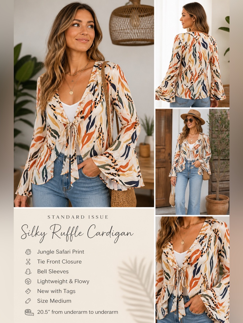 Jungle Print Ruffle Lightweight Cardigan NWT Medium Silky Tie Front Bell Sleeve